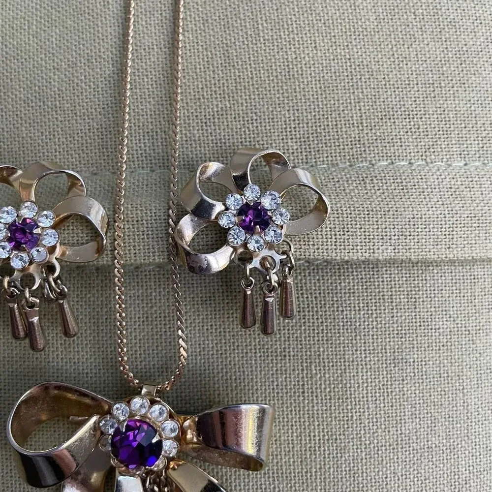 Vintage 4pc Gold Purple Rhinestone Brooch Pin Necklace Earrings Screw Back